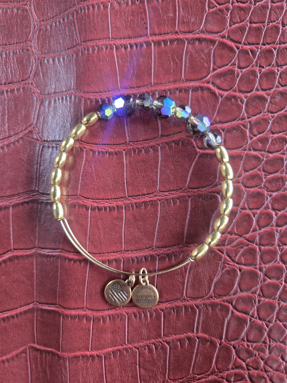 Alex and Ani Gold-Tone Bangle Bracelet with Iridescent Purple Beads - Picture 2 of 5